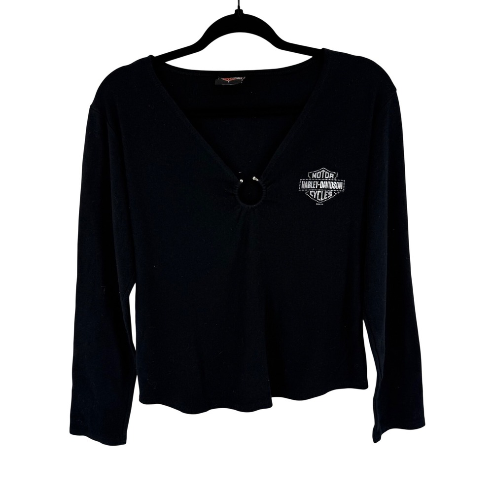 Harley Davidson‎ Long Sleeve Top Womens L Black Vintage 2004 O-Ring V-Neck Biker